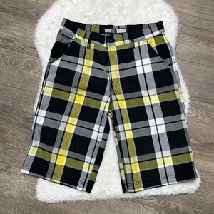 Southpole Size 18 / 30 Long Plaid Shorts Black Yellow 12" Inseam Golf Casual Chi